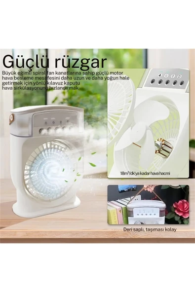 Şarjlı 600 Ml Su Hazneli Taşınabilir Masaüstü Vanilatör Güçlü Fan Ve 2000 Mah Pil Beyaz - 3