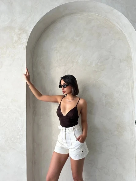 Kemer detaylı gabardin şort krem s25289 - 2