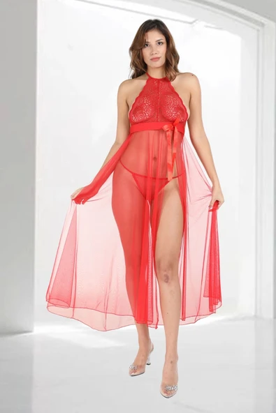 Kırmızı Dantelli Tül Gecelik - M057 - 6