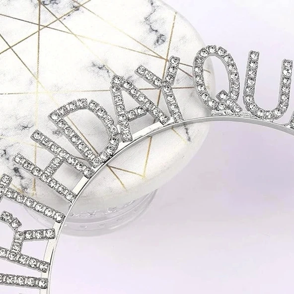 Gümüş Renk Kristal Taşlı Parlak Birthday Queen Yazılı Kraliçe Taç 16x17 Cm - 4