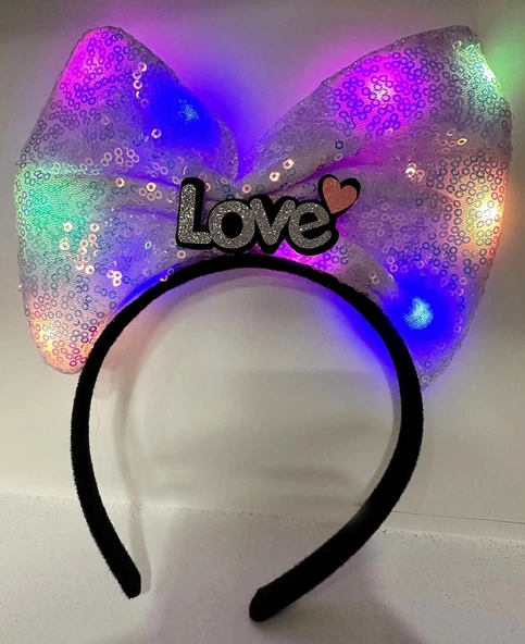 Led Işıklı 3 Farklı Fonksiyonda Yanan Gümüş Love Yazılı Lila Fiyonk Taç 20x17 Cm ürün görseli