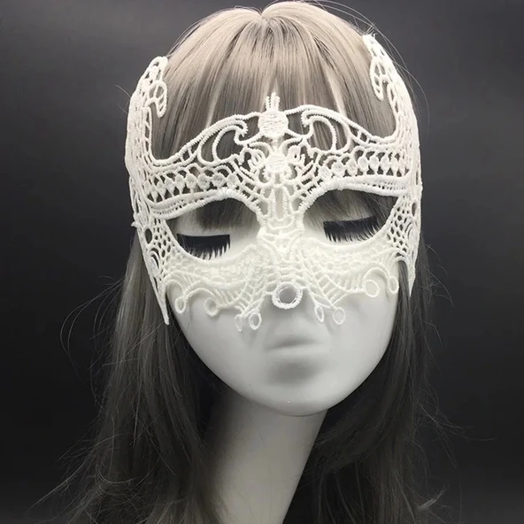 Beyaz Renk Dantel Kesim Dantel İşlemeli Balo Parti Maskesi 1 No - Resim 4