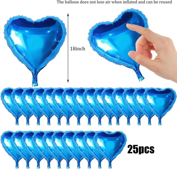 Metalize Parlak Mavi Kalp Şekilli Uçan Balon Folyo 18 İnç 45 Cm 25 Adet - 3