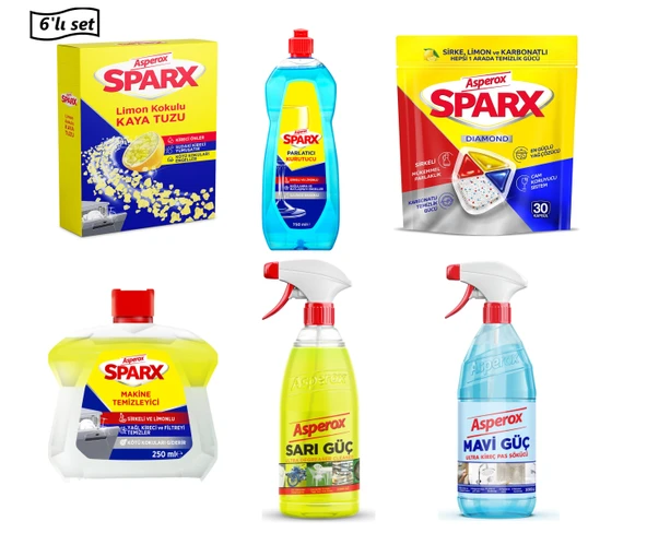 Asperox Sparx Bulaşık Makinesi Tuzu 1.5 Kg-Parlatıcısı-Tableti-Makine Temizleyicisi+Yağ Çözücü ve Kireç Sökücü(6’lı Set)