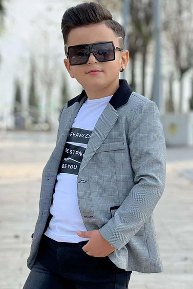 Erkek Çocuk Yazı Baskılı Tişört Cep Detaylı Kareli Blazer Ceket Siyah Jean Pantolon Alt Üst Takım - 4
