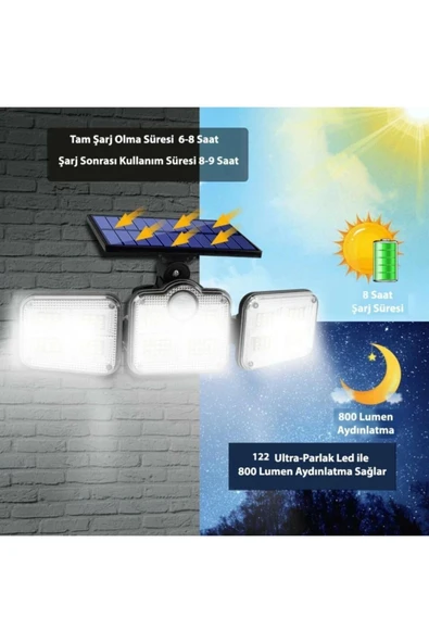 Kumandalı Solar Güneş Enerjili 122 Ledli Hareket Sensörlü Bahçe Aydınlatma Sokak Lambası - 4