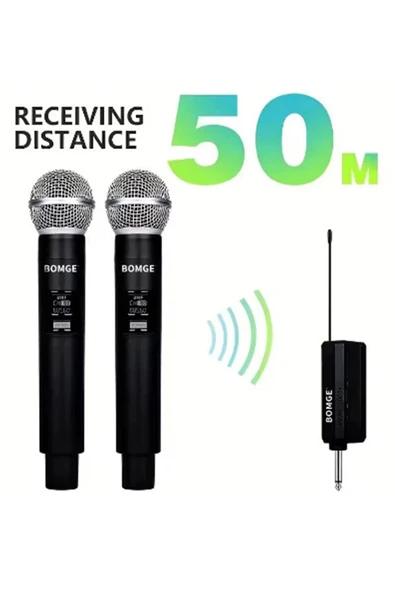Profesyonel Çiftli Kablosuz Mikrofon Seti Karaoke Şarj Edilebilir 50 Metre Mesafe