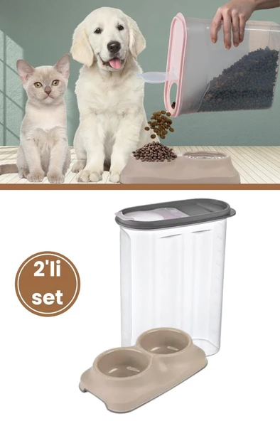 Evcil Hayvan Kedi Köpek Mama Erzak Saklama Kabı ve Mama Su Kabı 2’li Set