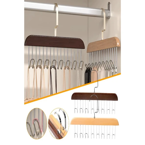 Mucit Home 8 Kancalı Askı Çok Fonksiyonlu Ahşap Kemer Kravat Eşarp Dolap Askısı - 2