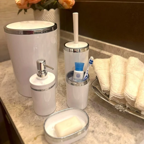 Mucit Home  Akrilik 5 Parça Banyo Seti Yuvarlak Parlak Beyaz-Gümüş 21 BYZ G