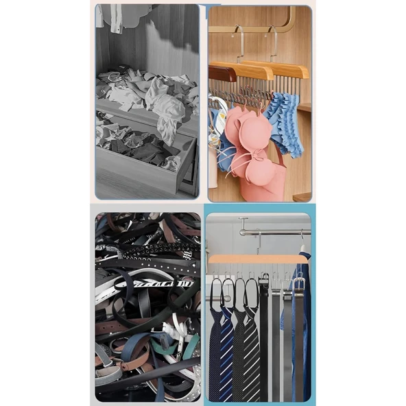 Mucit Home  8 Kancalı Askı Çok Fonksiyonlu Ahşap Kemer Kravat Eşarp Dolap Askısı - 3