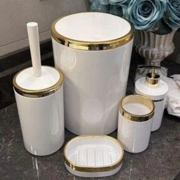 Mucit Home  Akrilik 5 Parça Banyo Seti Yuvarlak Parlak Beyaz-gold -21 BYZ A