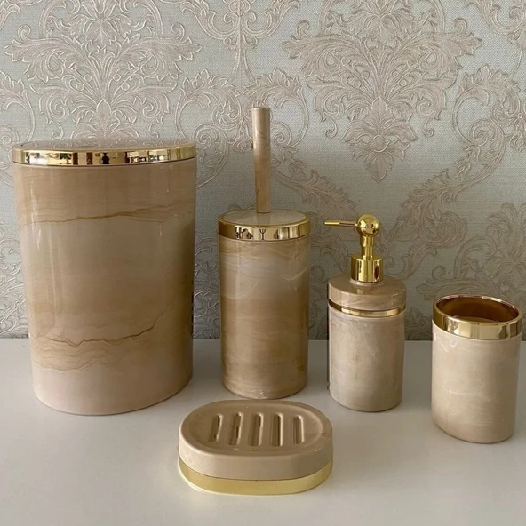 Mucit Home 5 Parça Krem Gold Mermer Desenli Yuvarlak Akrilik Banyo Seti (20-MER-KR-A) - 5