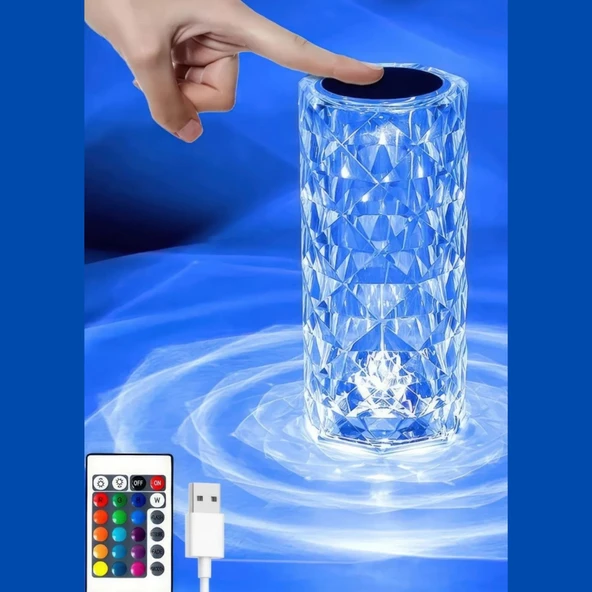 Mucit Home  Dokunmatik Kristal LED RGB Masa Lambası-Uzaktan Kumandalı Dekorasyon Lambası-USB Şarjlı