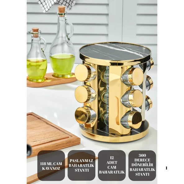 Mucit Home  12 li Cam Gold Baharatlık Seti 360 Dönebilen Standlı - 2
