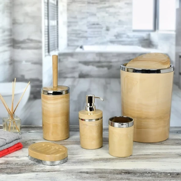 Mucit Home 5 Parça Krem Gümüş Mermer Desenli Yuvarlak Akrilik Banyo Seti - 2