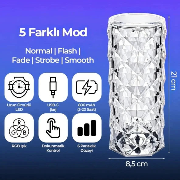 Mucit Home  Dokunmatik Kristal LED RGB Masa Lambası-Uzaktan Kumandalı Dekorasyon Lambası-USB Şarjlı - 3