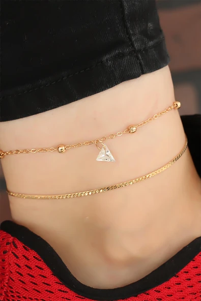 Gold Renk Zincirli Üçgen Taş Aksesuarlı Hal Hal - TJ-HH930-KS - 2