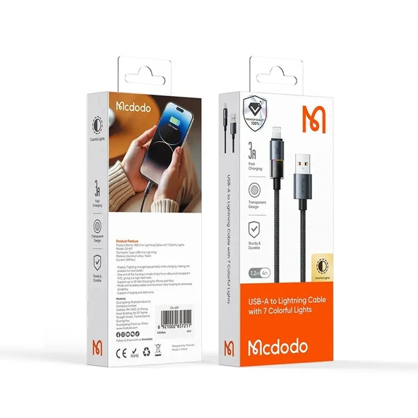 Mcdodo CA-8170 Usb iPhone 3A 7 Renkli LED Işıklı Şarj Data Kablosu - 3