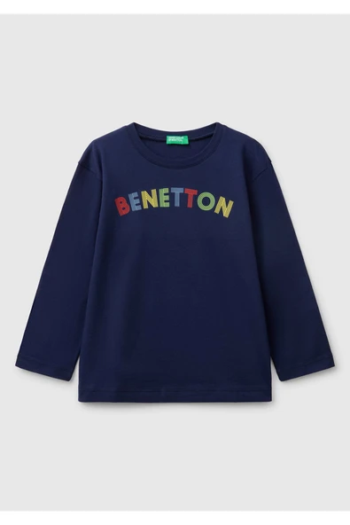 Erkek Çocuk Lacivert Benetton Logo Baskılı Uzun Kollu T-Shirt