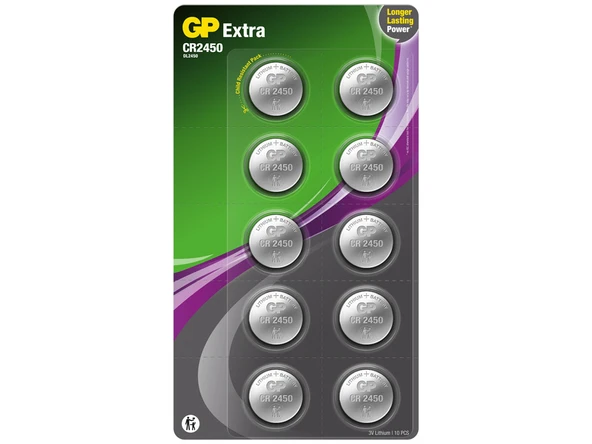 GP Batteries Extra CR2450 2450 Boy Lityum Düğme Pil, 3 Volt, 10'lu Kart