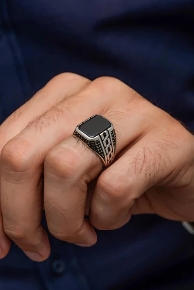 Grek Desenli Siyah Oniks Taşlı 925 Gümüş Erkek Yüzük - Resim 3