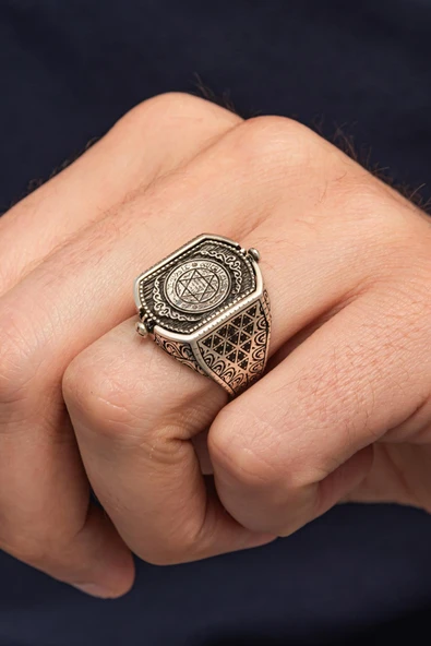 Hz. Süleyman Mührü Çift Taraflı 925 Erkek Gümüş Yüzük - Resim 9