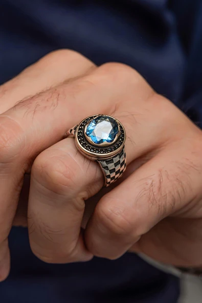 Mistik Topaz Taşlı Kordon Desenli 925 Gümüş Erkek Yüzük ürün görseli