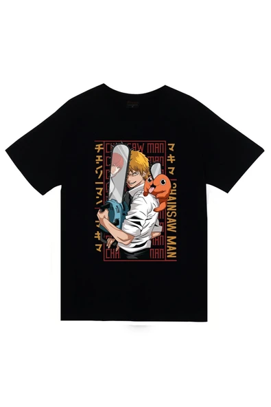 fame-stoned Chainsaw Man Anime Baskılı Unisex %100 Pamuk Siyah T-shirt ürün görseli