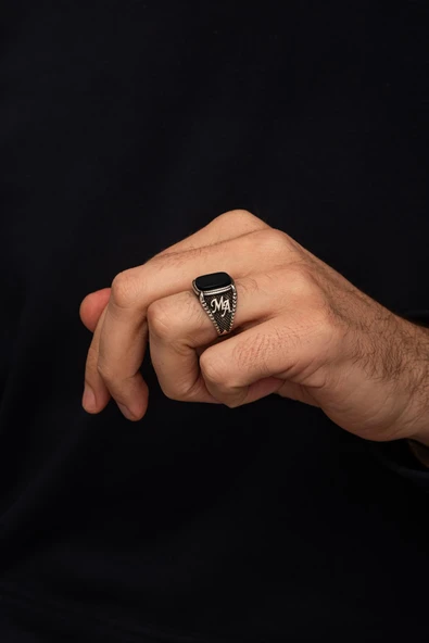 Siyah Oniks Taşlı Harfli 925 Erkek Gümüş Yüzük - Resim 4
