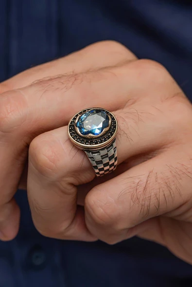 Mistik Topaz Taşlı Kordon Desenli 925 Gümüş Erkek Yüzük - Resim 3