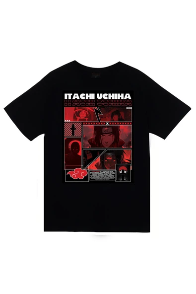 fame-stoned Naruto Itachi Uchiha Anime Baskılı Unisex %100 Pamuk Siyah T-shirt ürün görseli