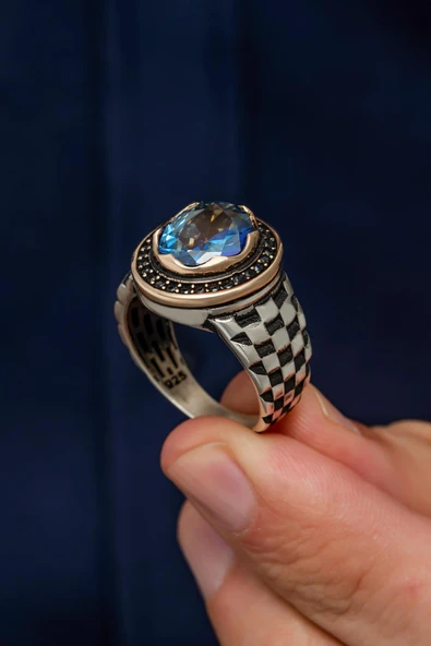 Mistik Topaz Taşlı Kordon Desenli 925 Gümüş Erkek Yüzük - Resim 4