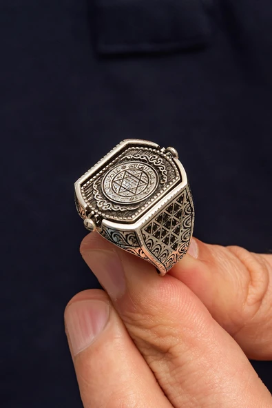 Hz. Süleyman Mührü Çift Taraflı 925 Erkek Gümüş Yüzük ürün görseli
