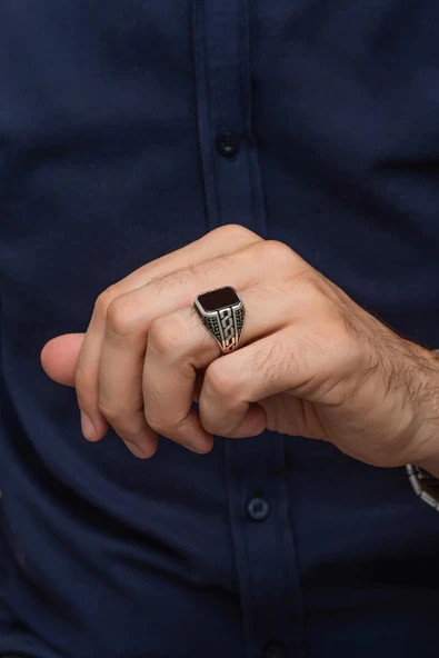 Grek Desenli Siyah Oniks Taşlı 925 Gümüş Erkek Yüzük - Resim 4