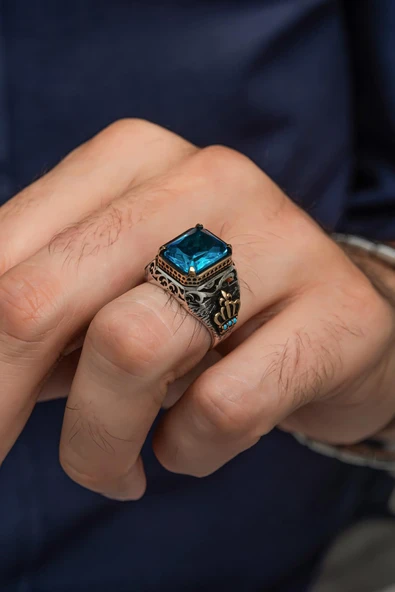 Kare Aqua Mavi Taşlı Kral Motifli 925 Gümüş Erkek Yüzük - Resim 5