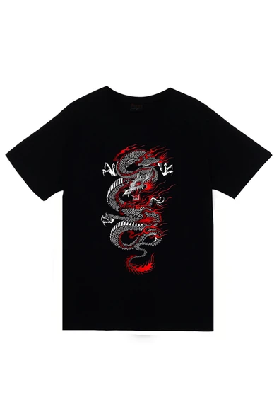 fame-stoned Dragon (Ejderha) Baskılı Unisex %100 Pamuk Siyah T-shirt ürün görseli