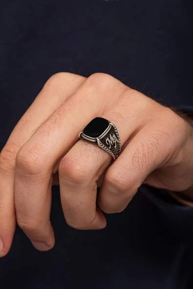 Siyah Oniks Taşlı Harfli 925 Erkek Gümüş Yüzük - Resim 7