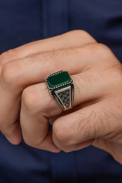 Yeşil Akik Taşlı 925 Gümüş Erkek Yüzük - Resim 4