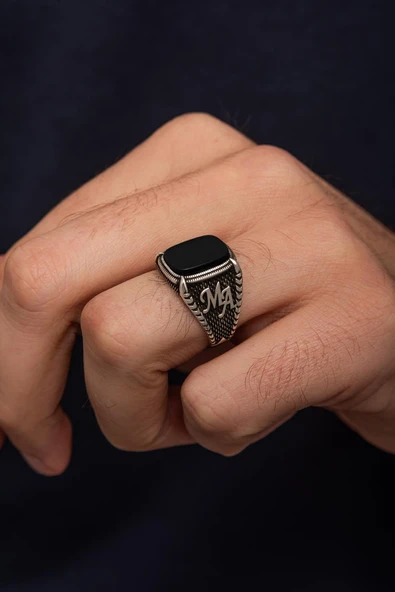 Siyah Oniks Taşlı Harfli 925 Erkek Gümüş Yüzük ürün görseli