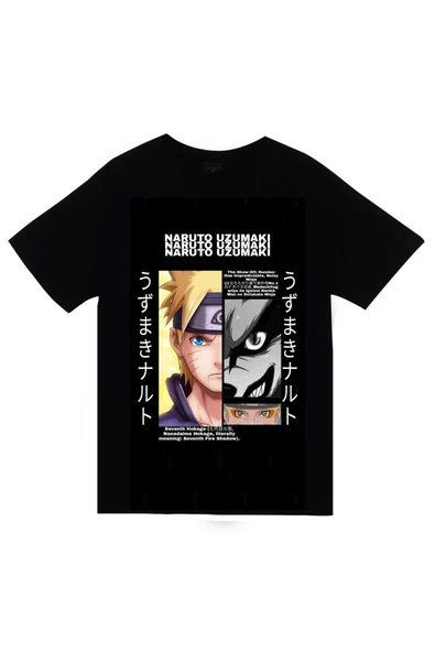 fame-stoned Naruto Uzumaki Anime Baskılı Unisex %100 Pamuk Siyah T-shirt ürün görseli 1