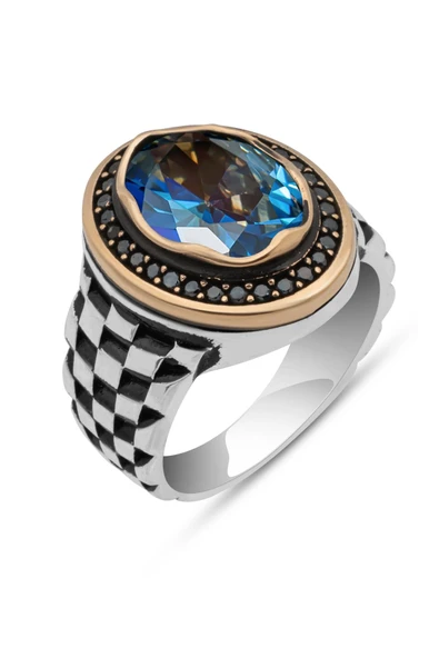 Mistik Topaz Taşlı Kordon Desenli 925 Gümüş Erkek Yüzük - Resim 2