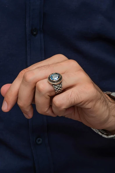 Mistik Topaz Taşlı Kordon Desenli 925 Gümüş Erkek Yüzük - Resim 5