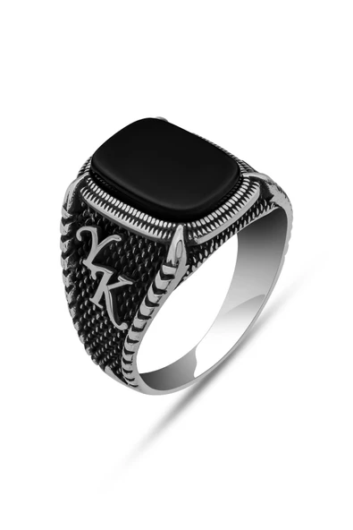 Siyah Oniks Taşlı Harfli 925 Erkek Gümüş Yüzük - Resim 2