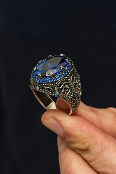 Parlament Mavisi Taşlı 925 Erkek Gümüş Yüzük - Resim 5