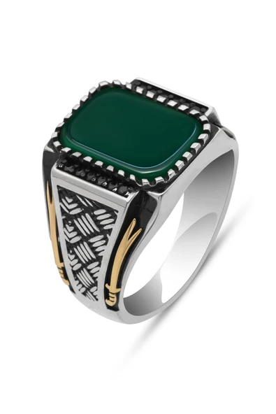 Yeşil Akik Taşlı 925 Gümüş Erkek Yüzük - Resim 2