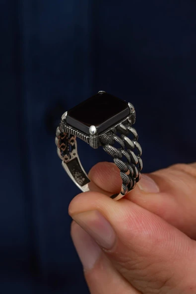 Siyah Oniks Taşlı Gurmet Model 925 Gümüş Erkek Yüzük - Resim 3