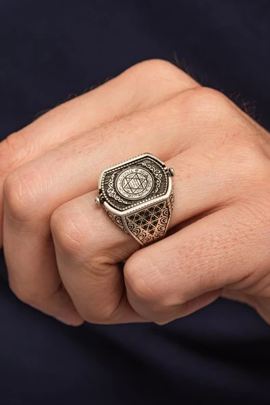 Hz. Süleyman Mührü Çift Taraflı 925 Erkek Gümüş Yüzük - Resim 8