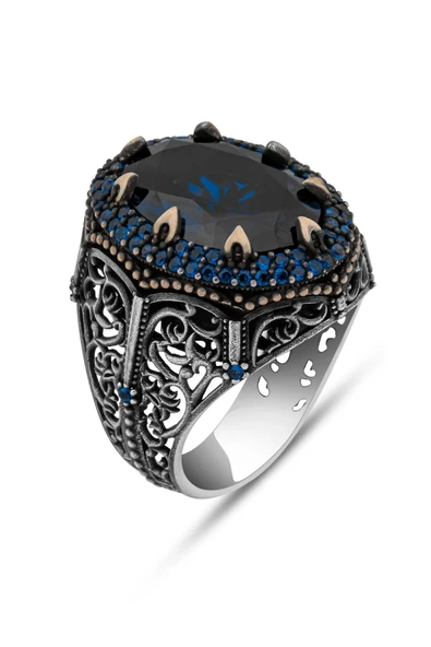 Parlament Mavisi Taşlı 925 Erkek Gümüş Yüzük - Resim 2