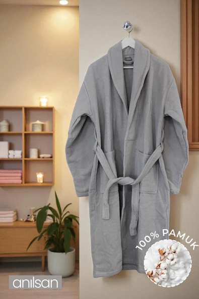 %100 Pamuk Gri Bornoz - Şalyaka Otel Bornozu, Spa Için Ideal, Günlük Kullanıma Uygun